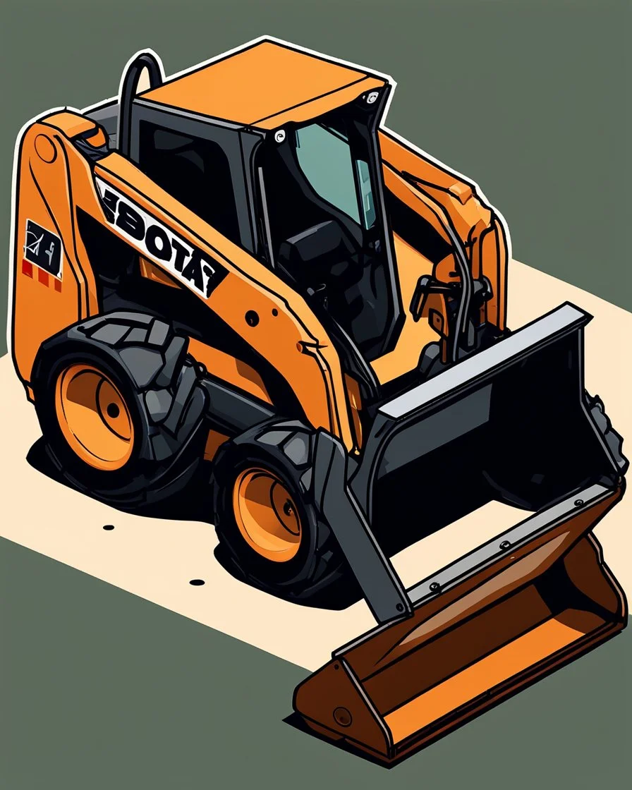 Isometric bobcat skidsteer with front bucket attachment, cartooned proportions, Digital painting