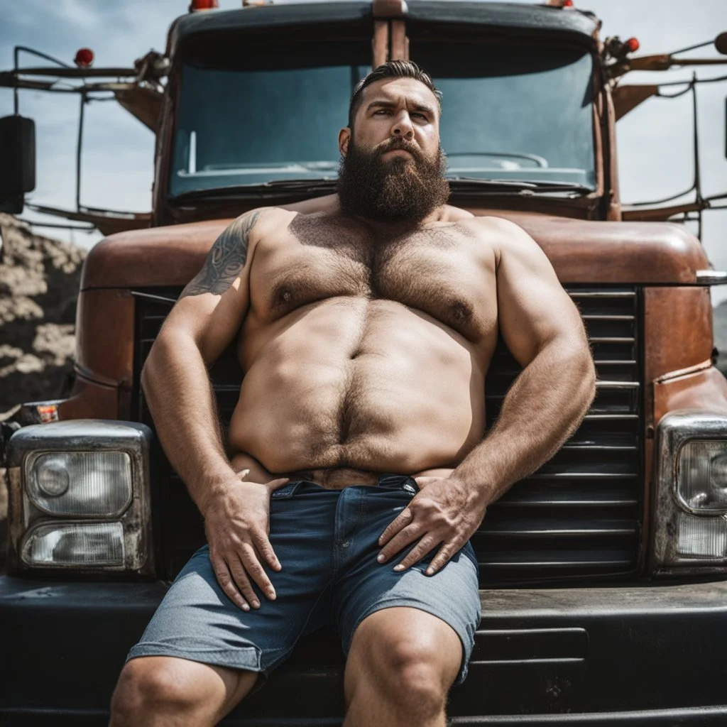 photography of a burly truck beefy driver at rest in truck, inside cab, shirtless, with short shorts, sweaty, massive with tattoos and short beard, Romanian, muscular, male chest, big tights, frontal view, seen from below