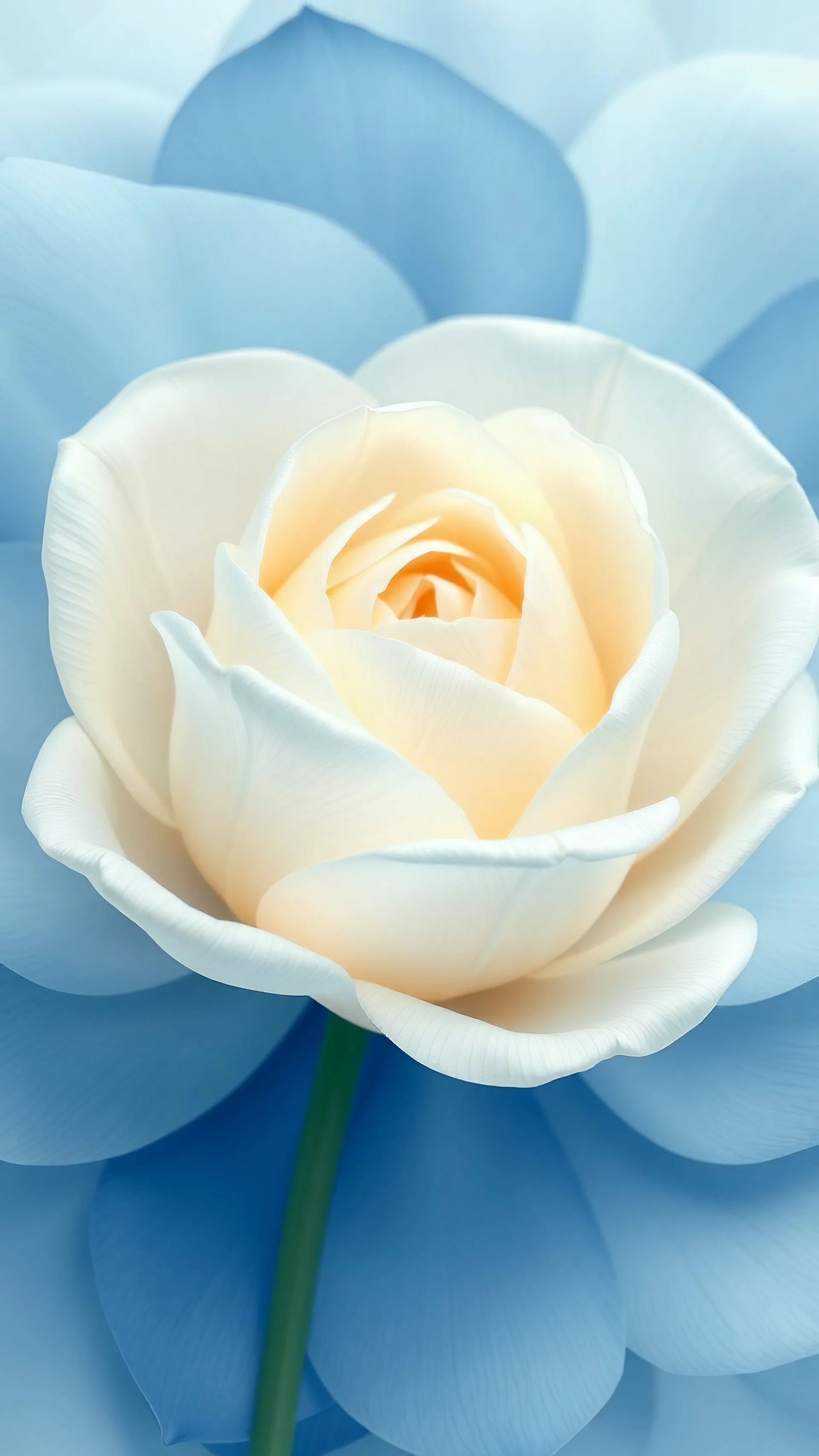 Create a detailed digital illustration of a white rose in soft and abstract style. The background should be composed of blue petals that gradually transition to a creamy butter-colored center, with the petal tips delicately tinted in a noble, pale blue. The transitions between colors should be seamless and smooth, with no sharp edges, giving the petals an ethereal, veil-like, silky appearance. Focus on capturing the soft texture and gentle flow of the tulip petals, creating a dreamy and elega