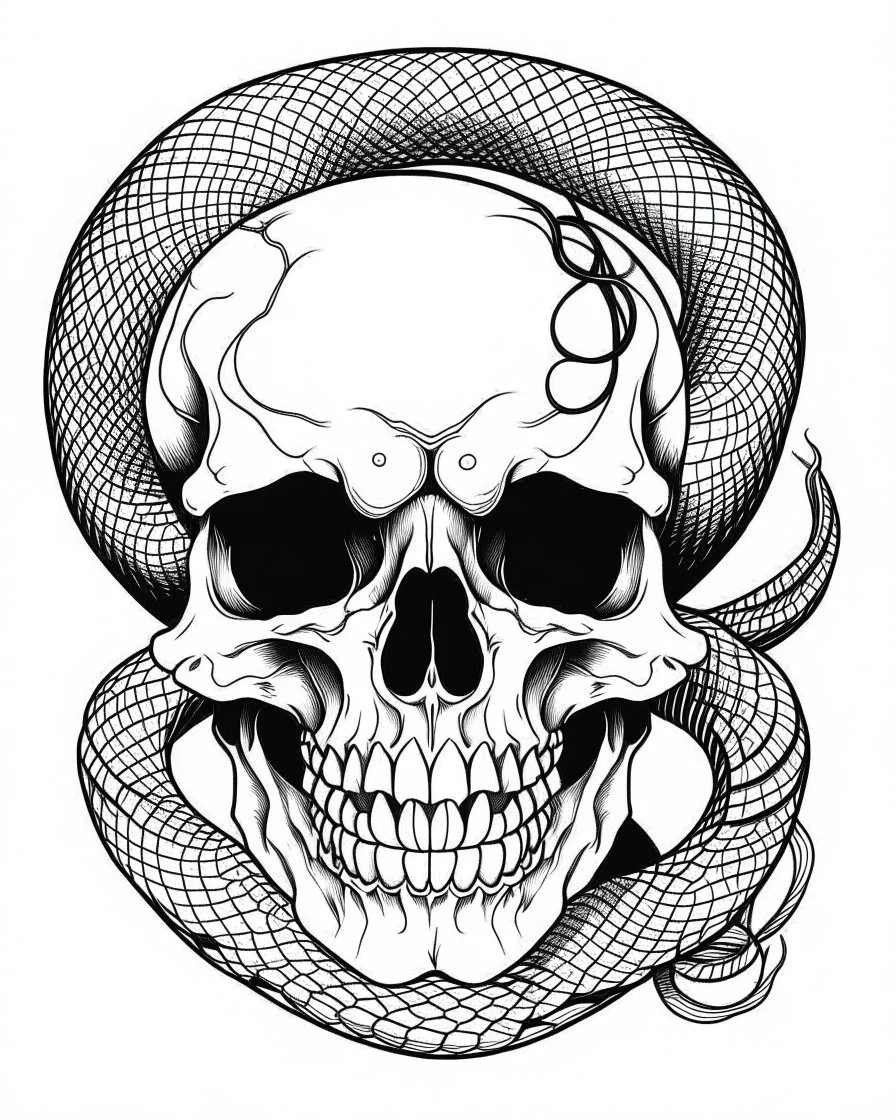 skull with snake tattoo idea, line art, background, vector, svg, coloring book page style, black outline on white background, leave plenty of white space beetween lines for coloring, minimalist, tattoo style, tattoo idea