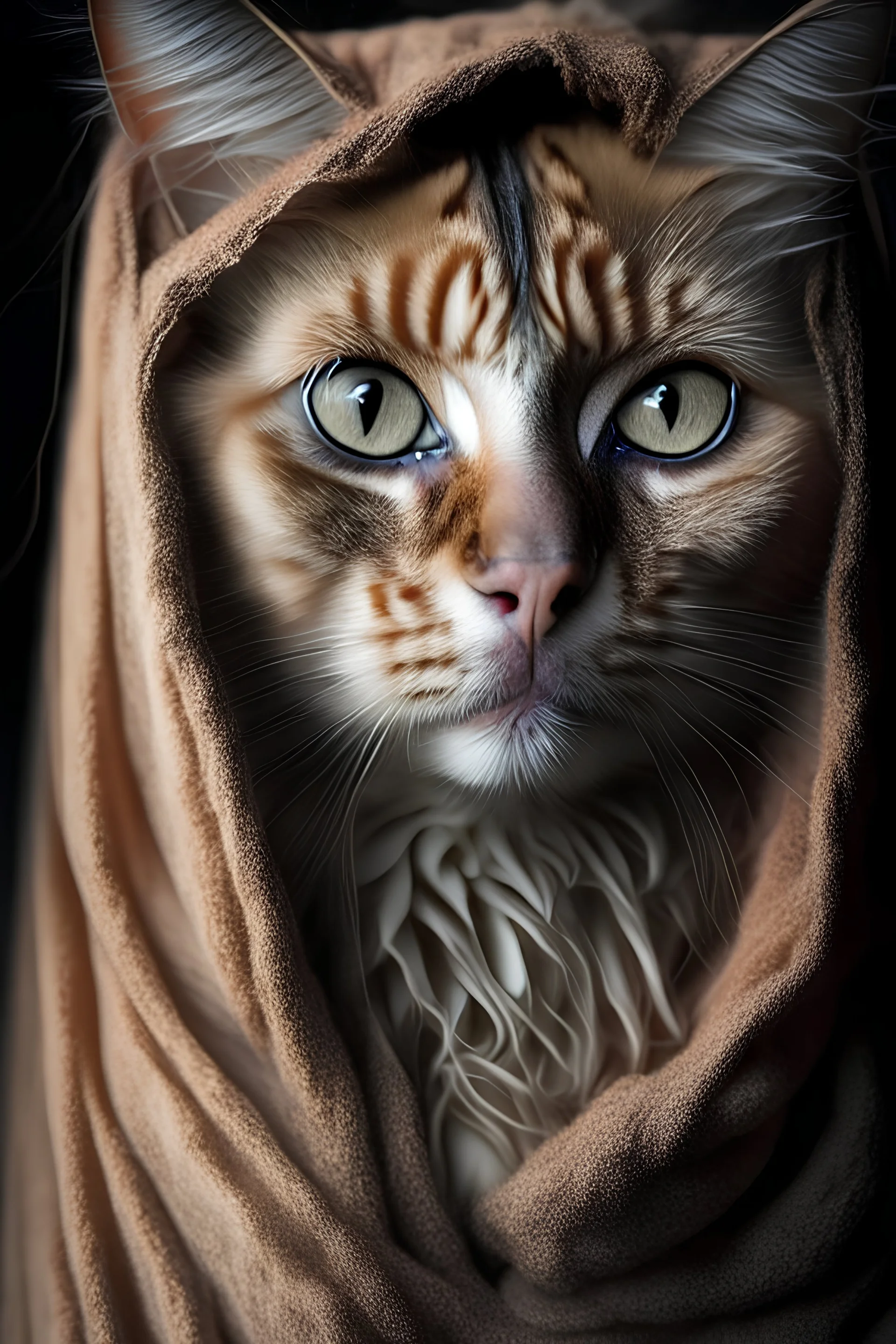 a photorealistic portrait of a stunningly beautiful cat without make-up, extremely detailed light hazel eyes, detailed symmetric realistic face, natural skin texture, extremely detailed skin with skin pores, peach fuzz, messy hair, wearing shawl over her head, masterpiece, absurdres, award winning photo by lee jeffries, nikon d850 film stock photograph, kodak portra 400 camera f1.6 lens, extremely detailed, amazing, fine detail, rich colors, hyper realistic lifelike texture, dramatic lighting,