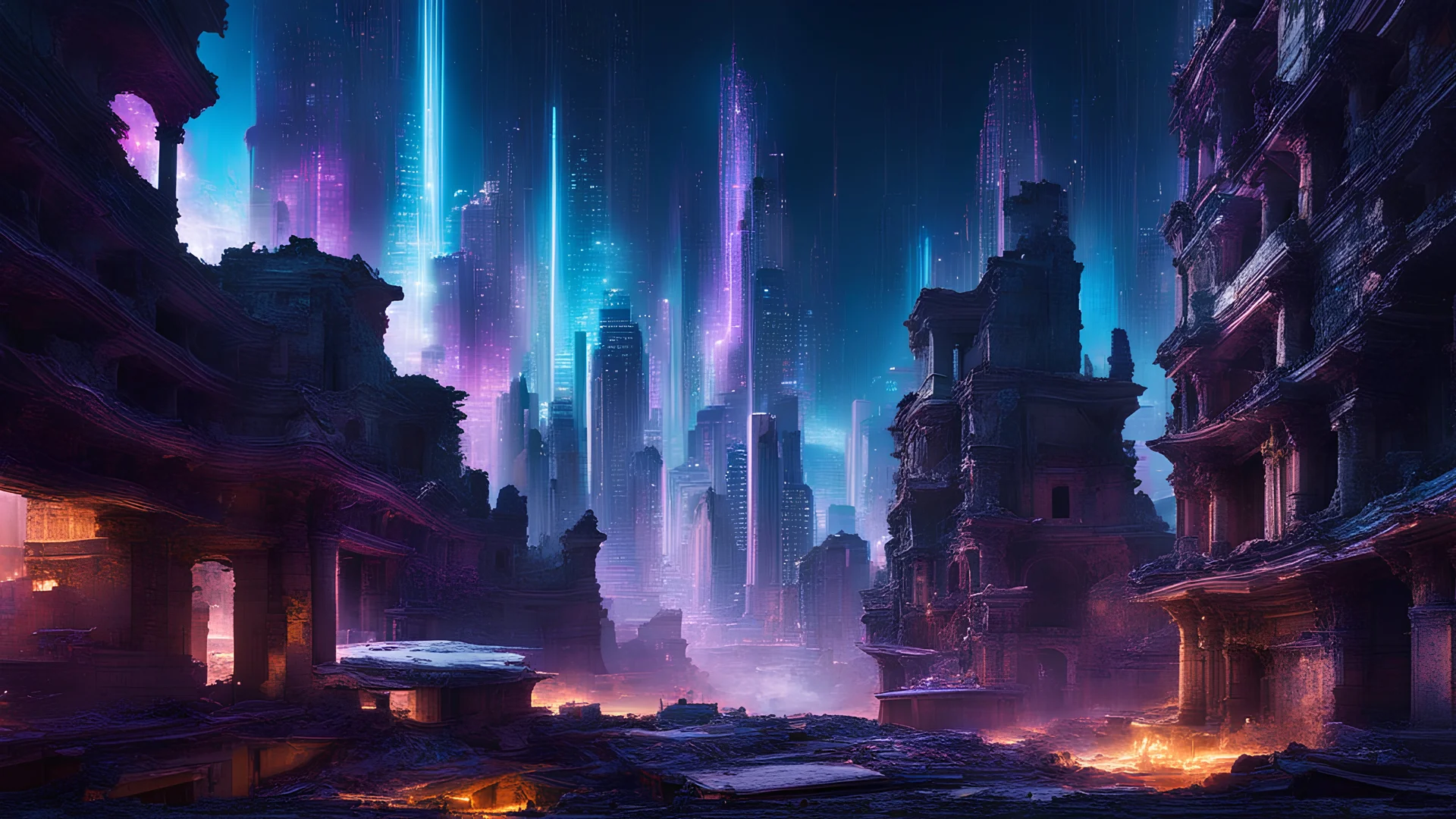 Photograph a surreal scene of a futuristic cityscape, where neon lights flicker amidst the ruins of ancient architecture. The buildings are a chaotic blend of organic and mechanical forms, their edges distorted by glitches and binary codes. The sky is a swirling vortex of electric blues and purples, reflecting off the shimmering surfaces of the city. Capture the moment as the city comes alive with a pulsing, otherworldly energy.