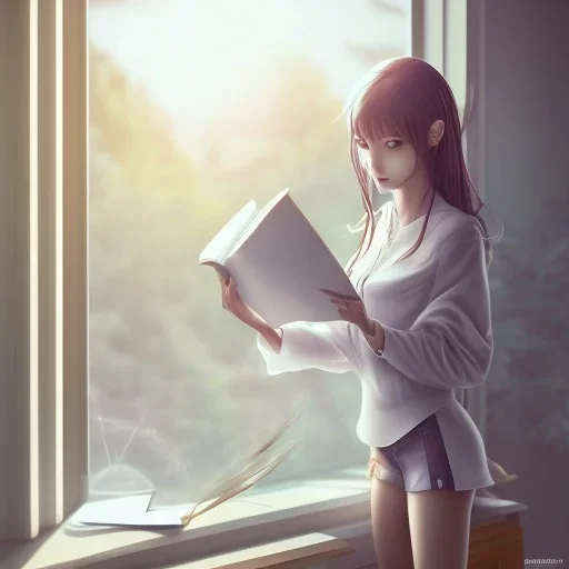 Anime, female student studying under window, studying lesson, perfect face, cool face, ultra detail, unreal engine 5, cinema4d, sun light, studio lighting --ar 1:1 --v 4