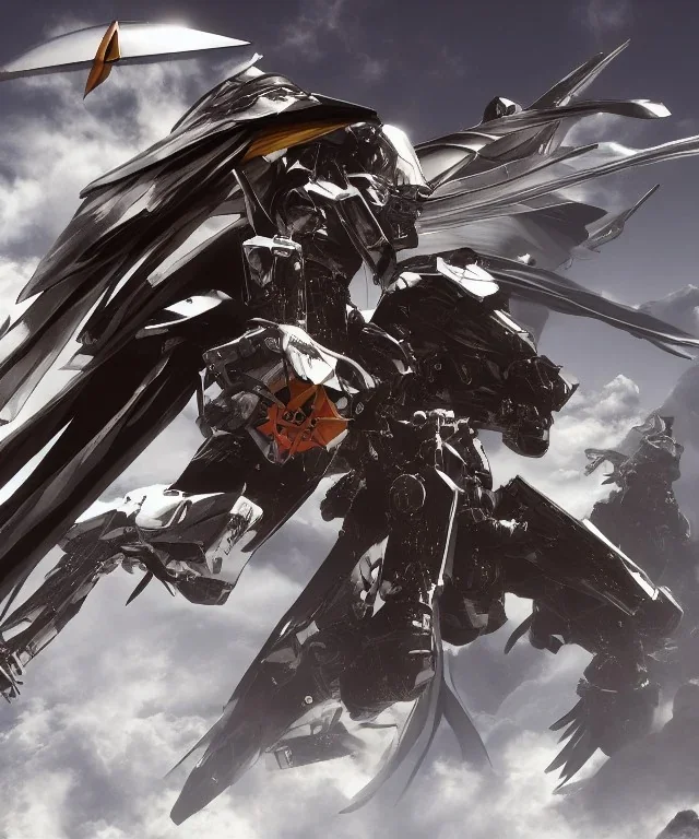 Photorealistic futuristic shiny winged samurai mechwarrior holding large katana on the surface of an alien planet