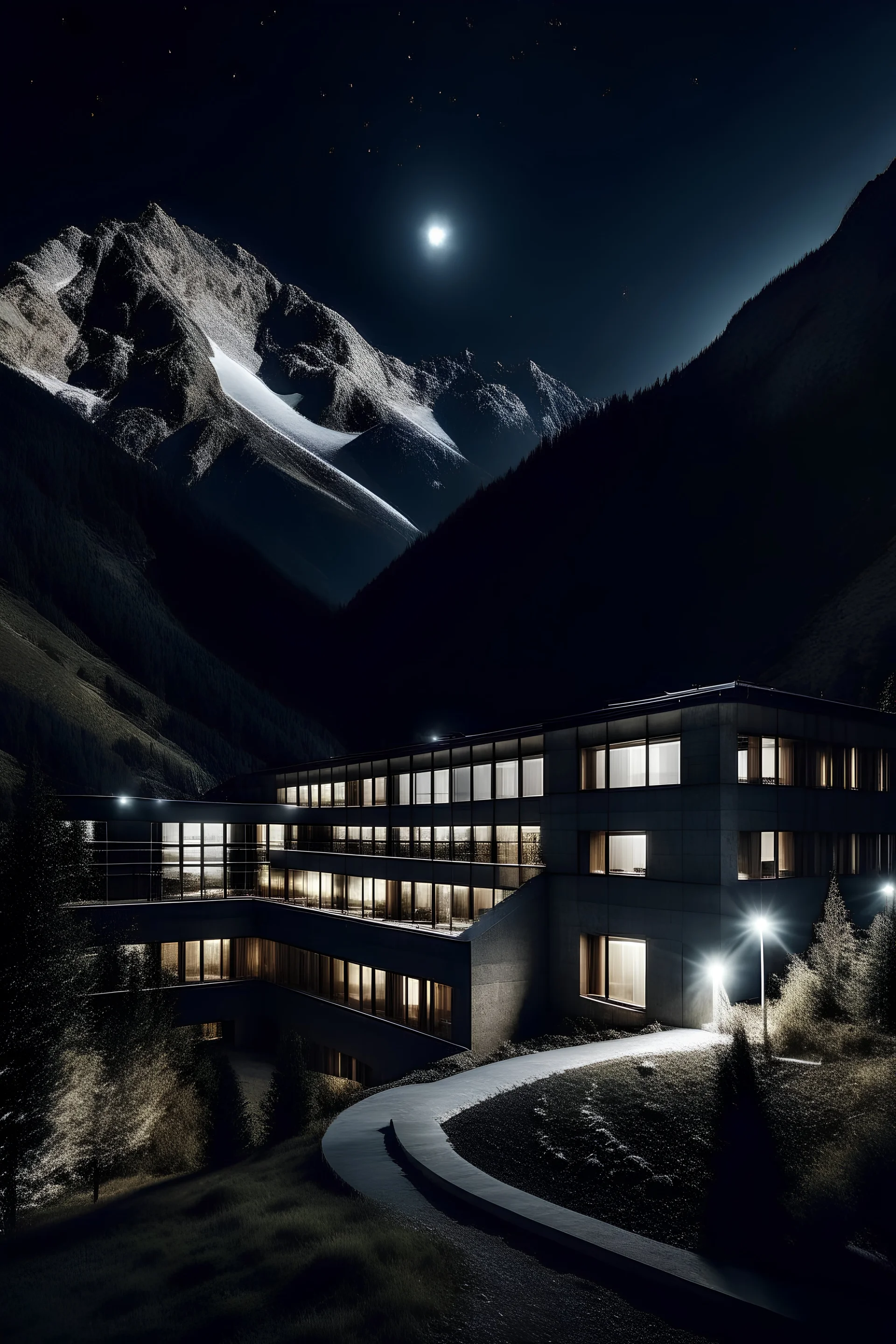 école d'architecture dans les montagnes le soir