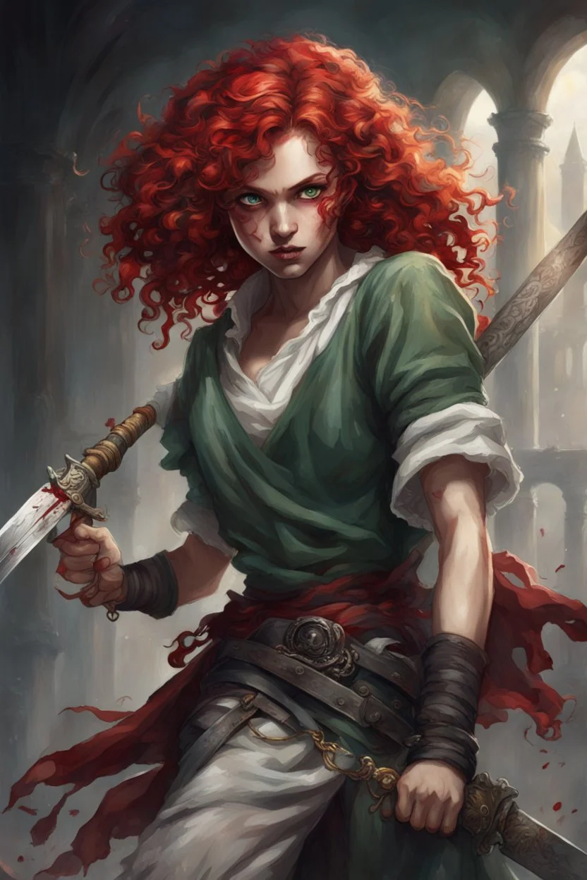 Eighteen-year-old epic girl, green eyes, blood-red curls, dressed in rags prisoner clothings, brandishing a sword to kill a tough man.