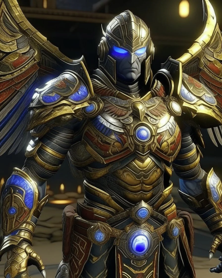 An armor made of a mixture of steel and leather, worn by a strong commander with magical power infinity gauntlet has six infinity stones And two big wings on his back