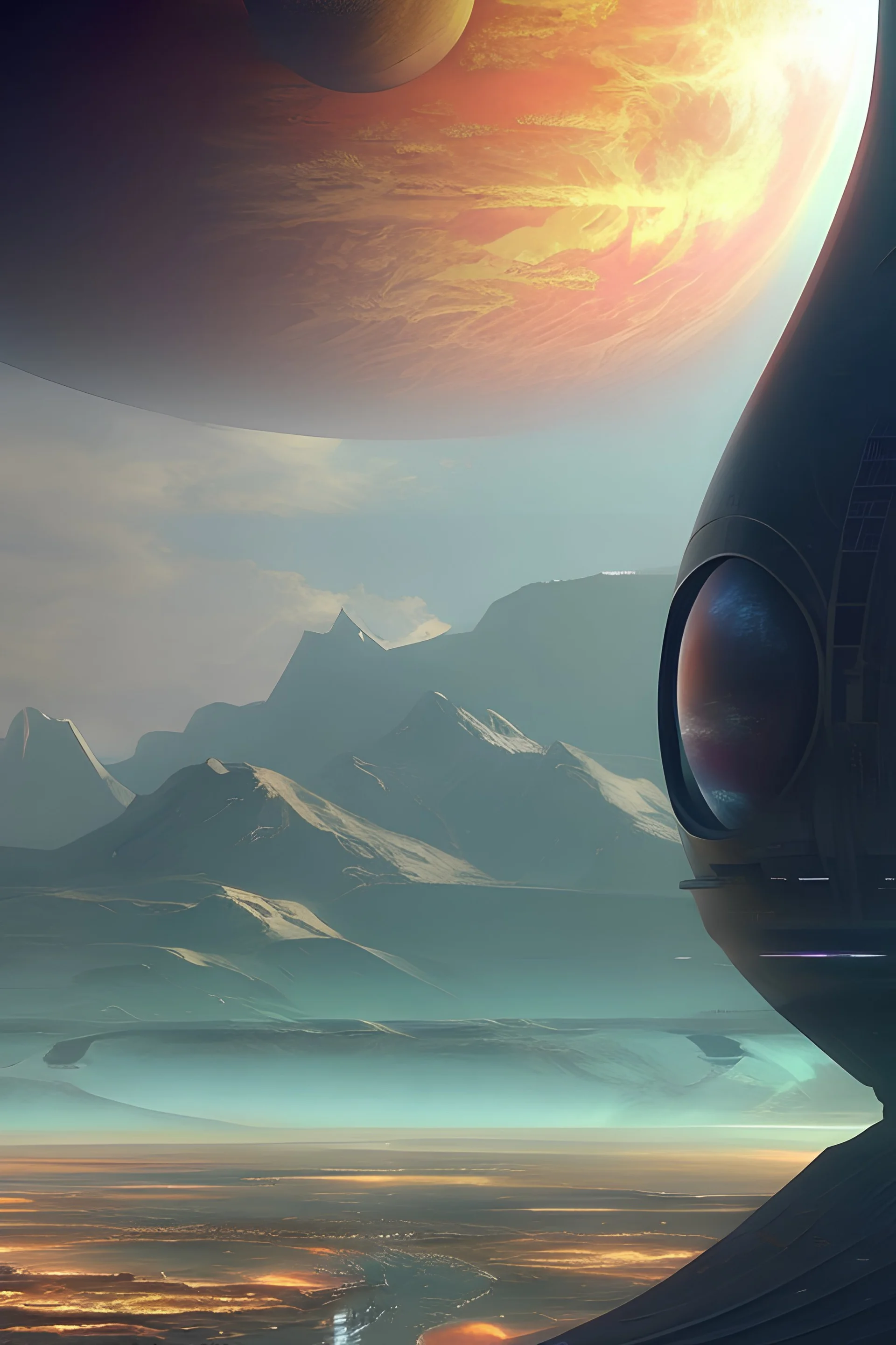 A view from the surface of an artificial planet overlooking a star in a dyson sphere, universe that has been entirely colonized by humanity, sprawling artificial complexes, everything artificial, sci-fi, concept art, retrofuturism, pylons connecting planets, rings