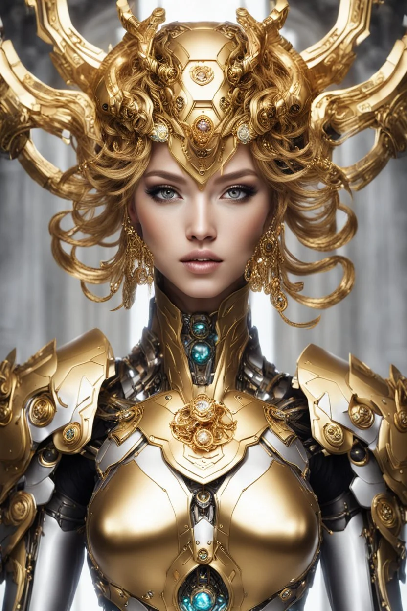 Halfbody Facing front Gorgeous Photography Beautiful Medusa Queen Cyborg Mecha Robo Golden and jewelry