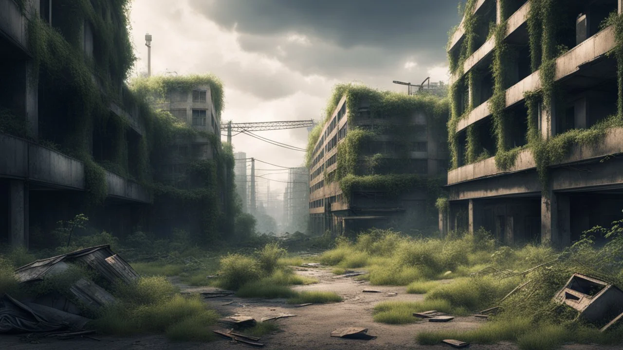 post-apocalyptic urban landscape with overgrown nature