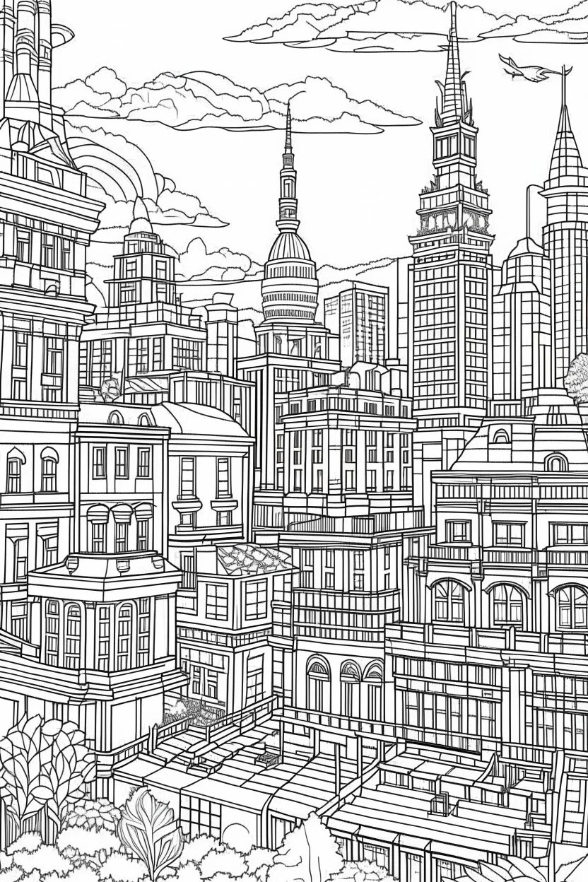 various architectural landmarks and cityscapes, coloring book page, simple and clean line art, adult drawing book, low details, black and white, crisp black lines, no shades, sharp lines, coloring book for adults, cartoon style, landscape