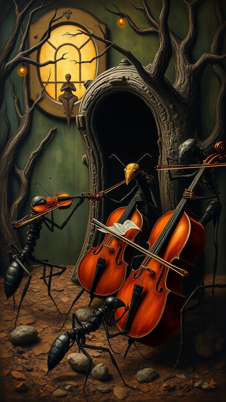 Hieronymus Bosch style nightmares ,four ants playing the violin .and two playing the cellos