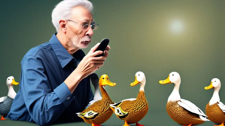 confused older man on the phone trying to get the ducks to leave