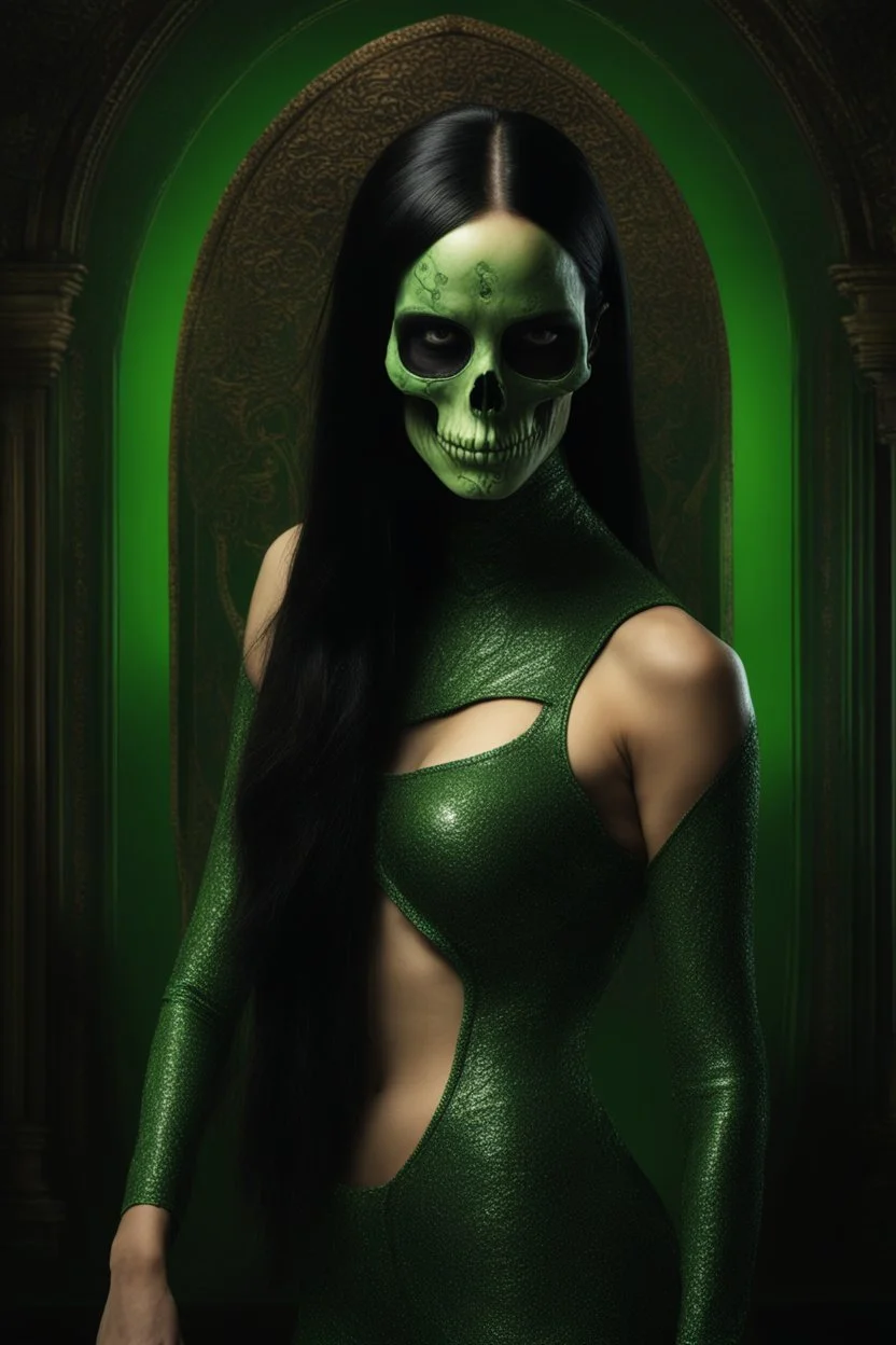 inspired by all the works of art in the world - A Fantastical Heavy Metal Rock and Roll Comedy in 3 notes - Zym Fandell, an extremely tiny, thin, voluptuous beautiful skull-faced Green Martian female with long, black hair, full body image, wearing a skinsuit, Absolute Reality, Reality engine, Realistic stock photo 1080p, 32k UHD, Hyper realistic, photorealistic, well-shaped, perfect figure, perfect face, a multicolored, watercolor stained, wall in the background, hickory dickory Clock