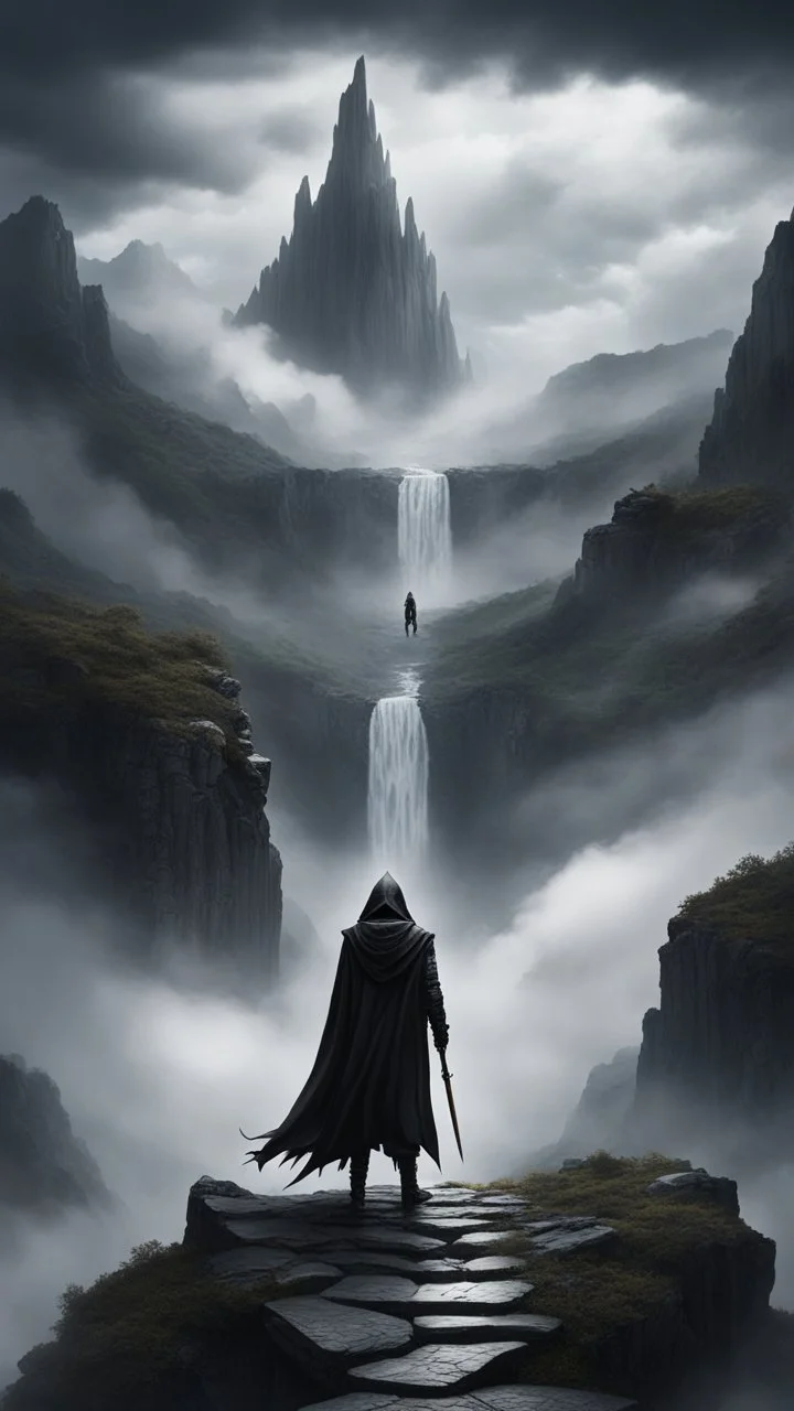 A hooded man standing in the middle of a narrow stone path above the ground gradually getting higher into the clouds no railings, dangerous drop people in black leathers medievil period weather is wet spiraling into the clouds fantasy, a mountain with waterfall showing in the background