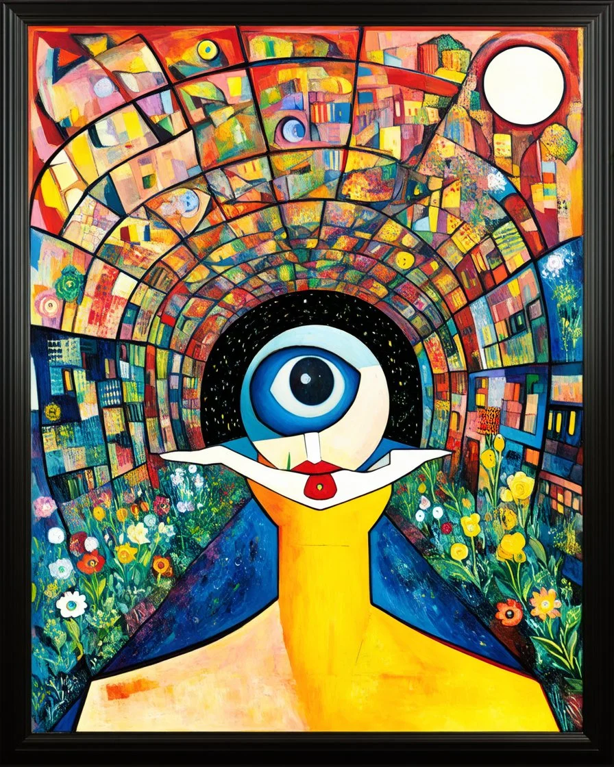Cubistic patchwork. Inside the mind of the glass mirror witch. Giant eyes. Tunnel of flowers. Cityscape of moon and sparks. Modifiers: high definition Picasso Cubism by Paul Klee
