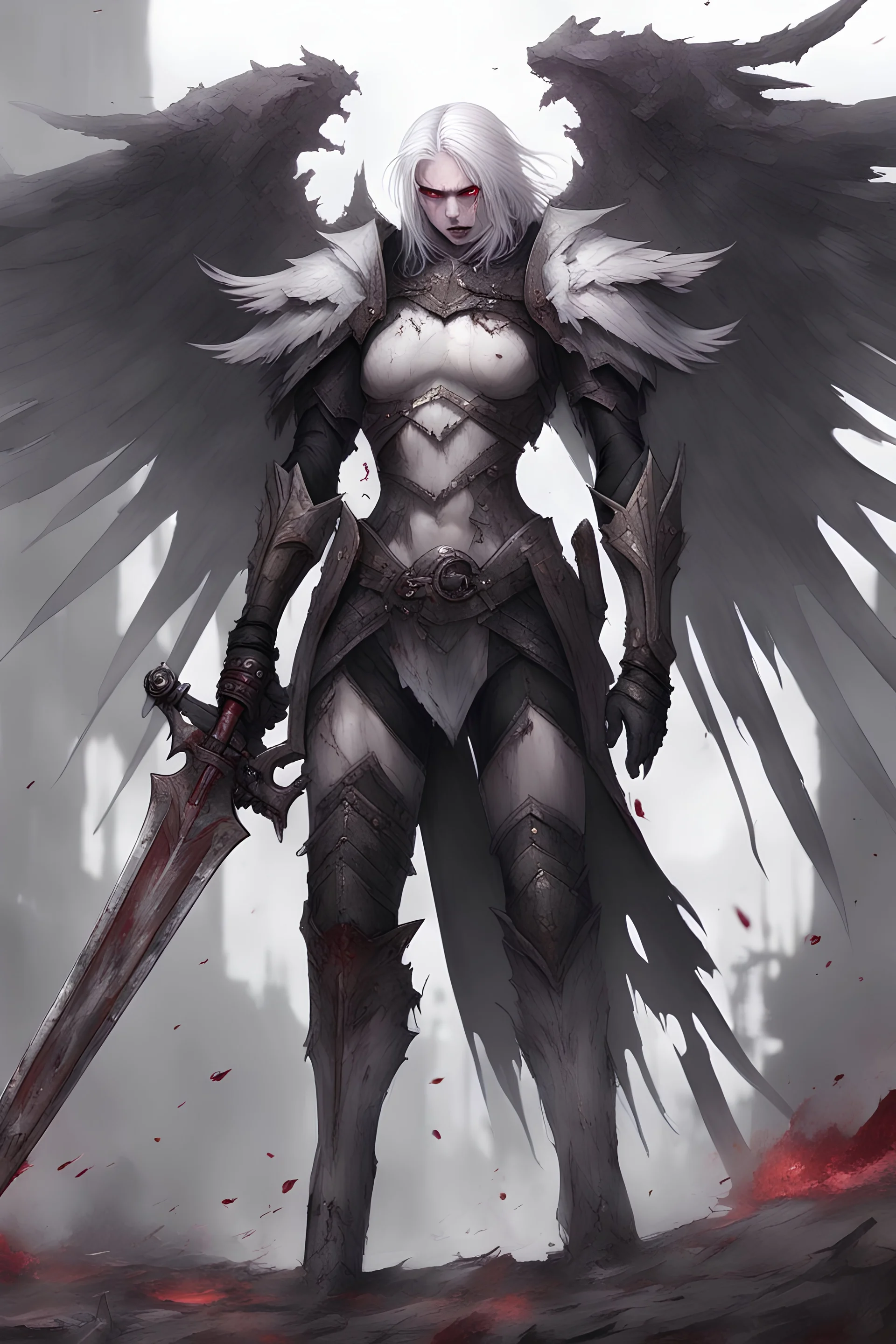 evil angel, pale white skin, black lips, black eye shadow, Glowing purple eyes, White hair, full body, black plate armor, engraved, large white wings, bloodstained, floating in a blasted battlefield, engraved rusted black greatsword in one hand, laughing, relaxed pose, corrupted, futuristic, numerous bloody wounds on face and wings