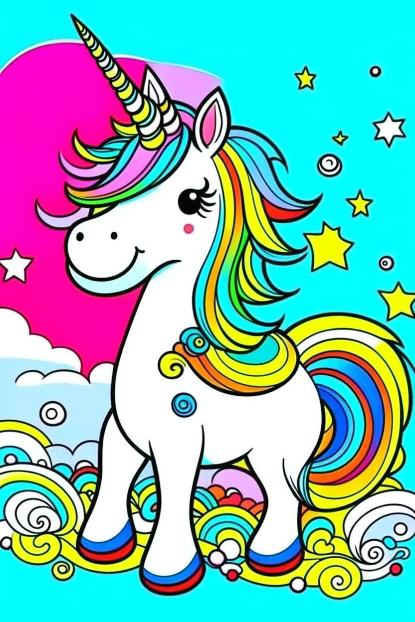 kids illustration, an unicorn, cartoon style, thick line, low details, vivid color