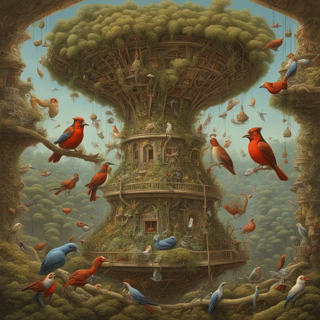 strange hanging garden filled with sinister birds, surreal meander style of Michael Cheval and gerald scarfe, eerie, smooth, trending on Artstation, 16k, intricate detail, hypersurreal.