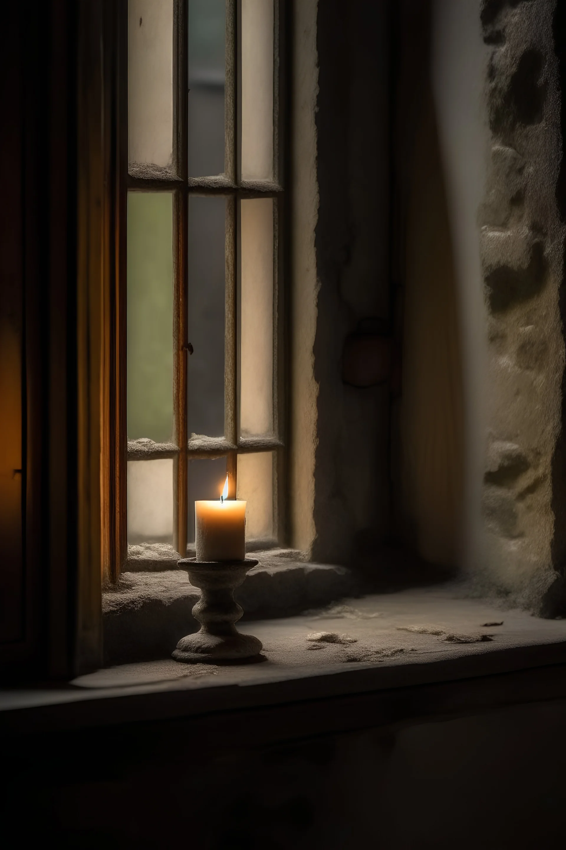 A candle in the window of an old stone house