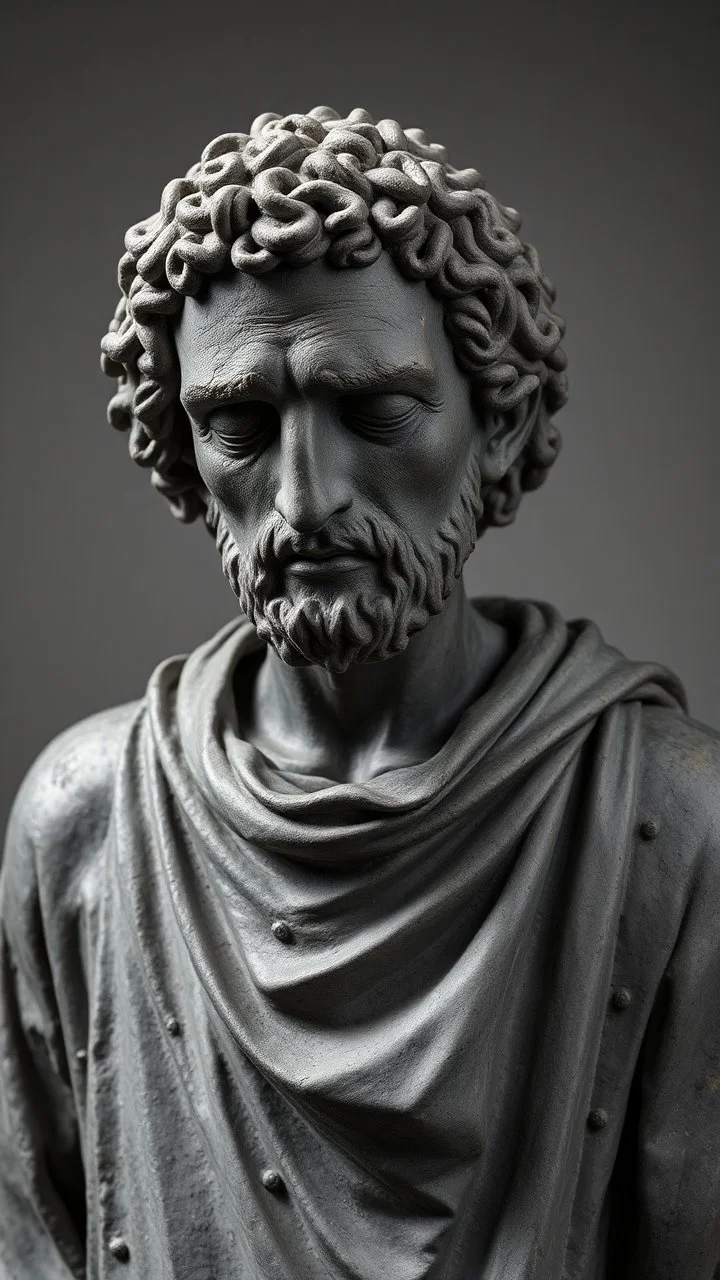 Ceramic style statue all colours are dark gray of an old church man from the 1200 BC in it a whole body and the head of dead man with thick curly hair and his eyes are closed