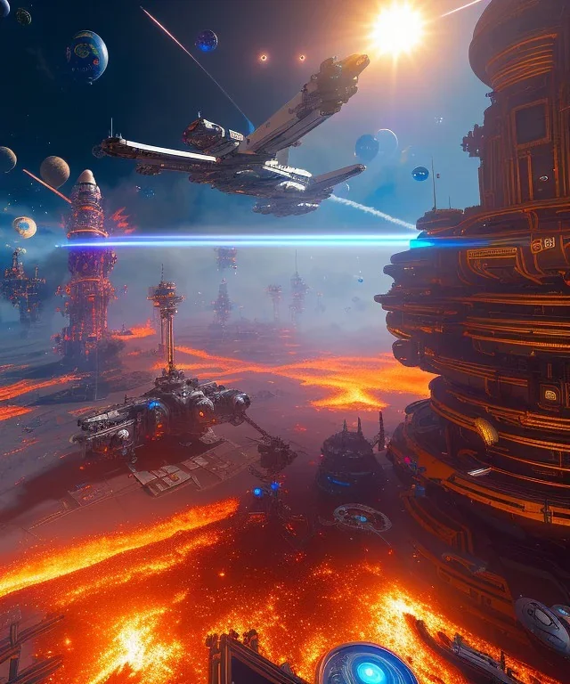 Cyborg space colony with sky full of fire|mdjrny-v4 style| symetric| robot | warfare | space | wide angle| intricate detailed| hyperrealistic| cinematic lighting| cinematic colors|hdr | unreal engine