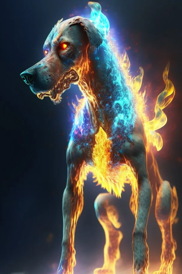 Zombie dog fire humanoid fused ,extremely detailed,crystal clear, mystical colors ,perfectly centered image, perfect composition, rim light, beautiful lighting, 8k, stunning scene, raytracing