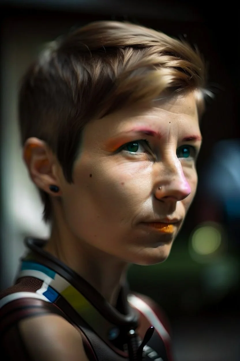 She is in a garage in the garden, and has a lean, athletic build, a testament to her years of cycling. Her short-cropped hair, worn for aerodynamics during races, gives her a distinctive and androgynous look. upper body portrait, photo-realistic, shot on Hasselblad h6d-400c, zeiss prime lens, bokeh like f/0.8, tilt-shift lens 8k, high detail, smooth render, down-light, unreal engine 5, cinema 4d, HDR, shot in luxury kitchen