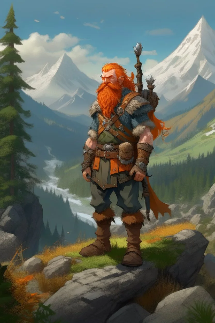 Realistisches Bild von einem DnD Charakters. Männlicher Zwerg mit orangenem Haaren. Er steht im Wald mit Bergen im Hintergrund. Er ist ein Jäger.