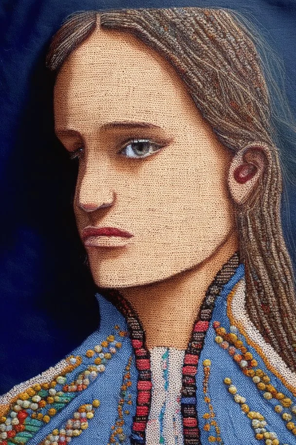 Hand sewn and embroidered Alicia Vikander, threads, sewing needles