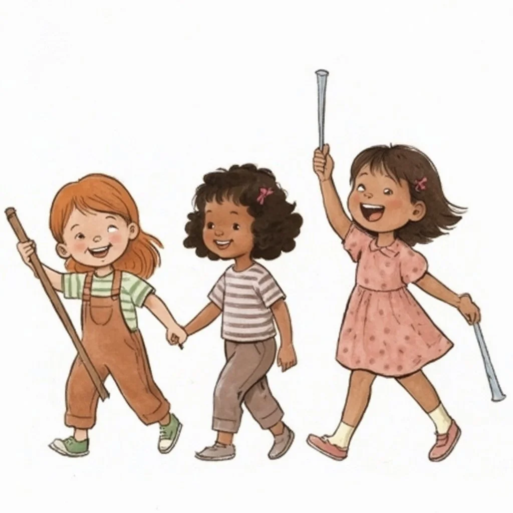 children joyfully walking. Left most child is carrying a parade leader's staff wrapped in ribbon. Right most child is holding batons. improve quality but maintain style.