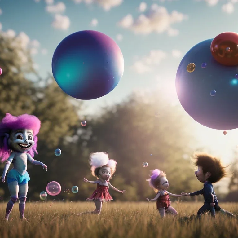 Ultra realistic circus scene. Sweet hair monster and Child’s playing, smile, happy, color bubbles, smooth color, waist up view, Wes Anderson style, dark ambient, highly detailed, concept art, unreal engine 5, god rays, ray tracing, RTX, lumen lighting, ultra detail, volumetric lighting, 3d, finely drawn, high definition, high resolution.