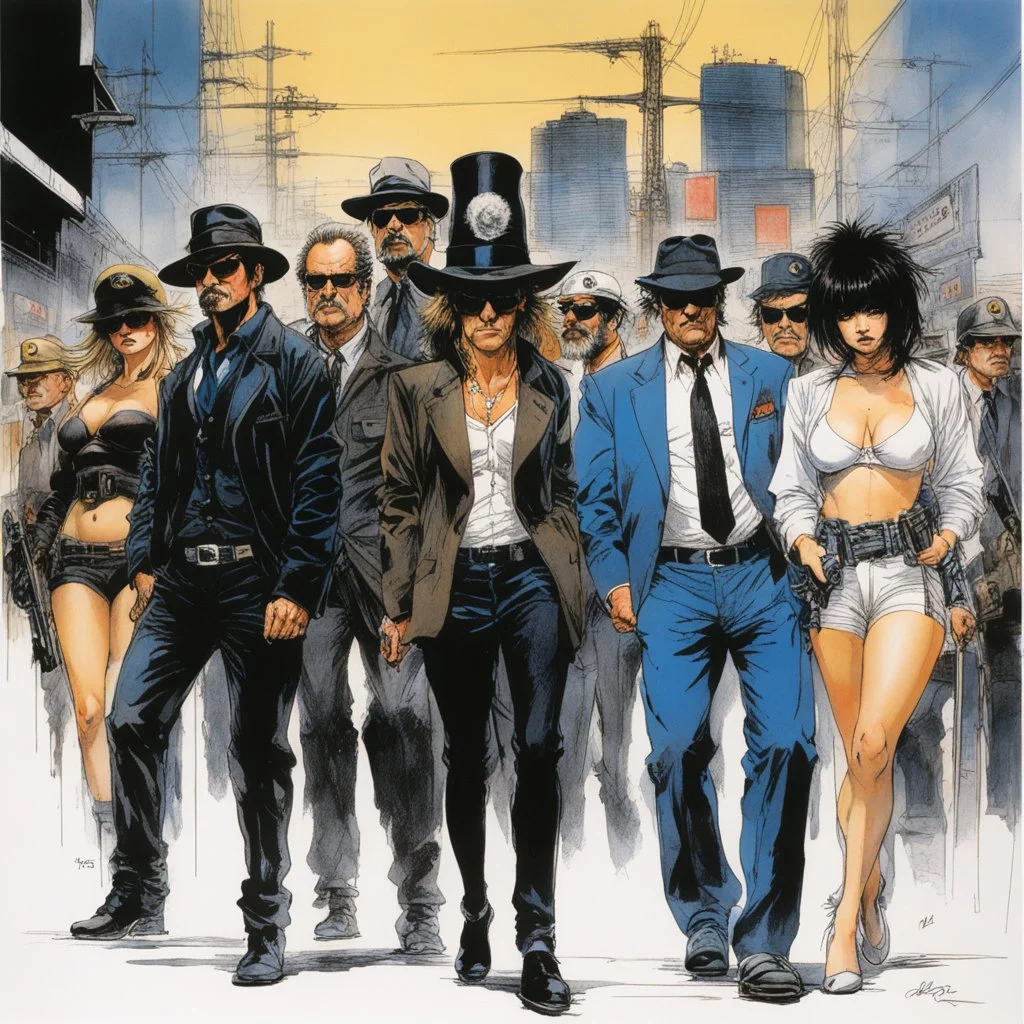 [art by Ralph Steadman] Masamune Shirow style criminal minds FBI team, on a scene crime