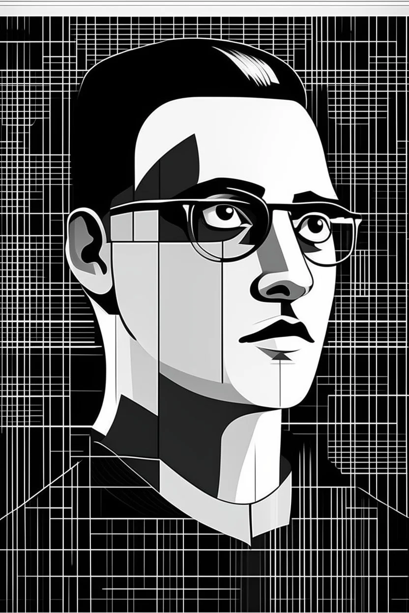 bauhaus illustration software developer working black and white poster cassandre big poster portriat, glasses man.