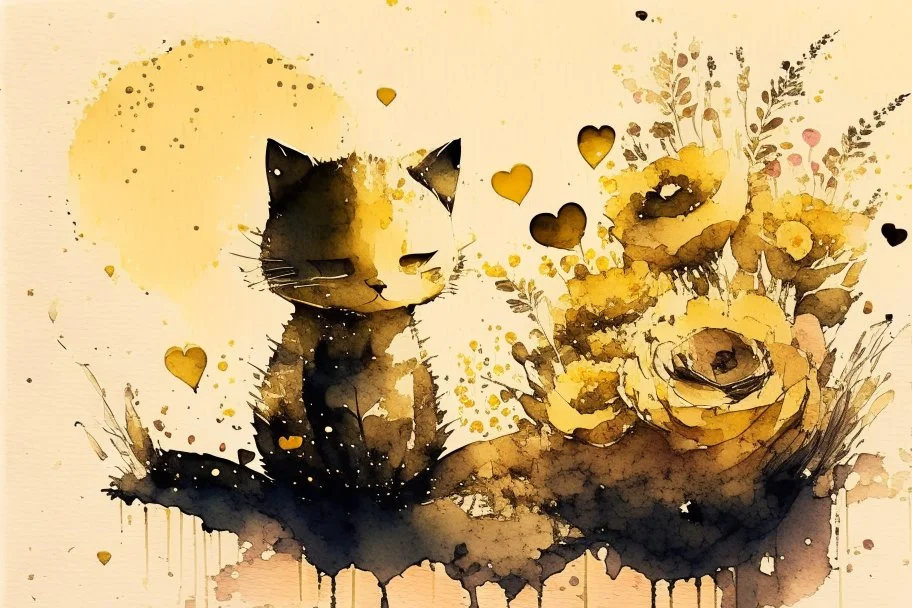 good night picture in ochre, double exposure, merged layers, burned burlap, cute chibi anime cat, beautiful surrealistic composition, melting watercolor and black ink on wet paper in sunshine, flowers, heart and love, ethereal, cinematic postprocessing