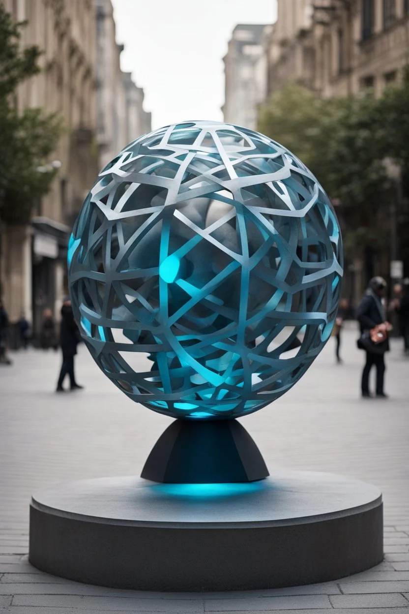 статуя на улице, Шар как атом/молекула: Сделать поверхность шара похожей на модель атома или молекулы, используя геометрические формы, светящиеся элементы или проекцию.