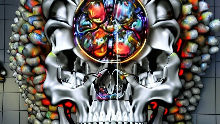 hundreds of anatomically correct, human skulls stacked into a wall unusual neon lighting, high octane, 64k, dystopian, vray, a picture of a dark, comedic, anatomically correct wall of colorful tightly packed skulls of varying sizes and expressions, photo-realistic, insanely meticulous, highly detailed,, 64k, dystopian, vray