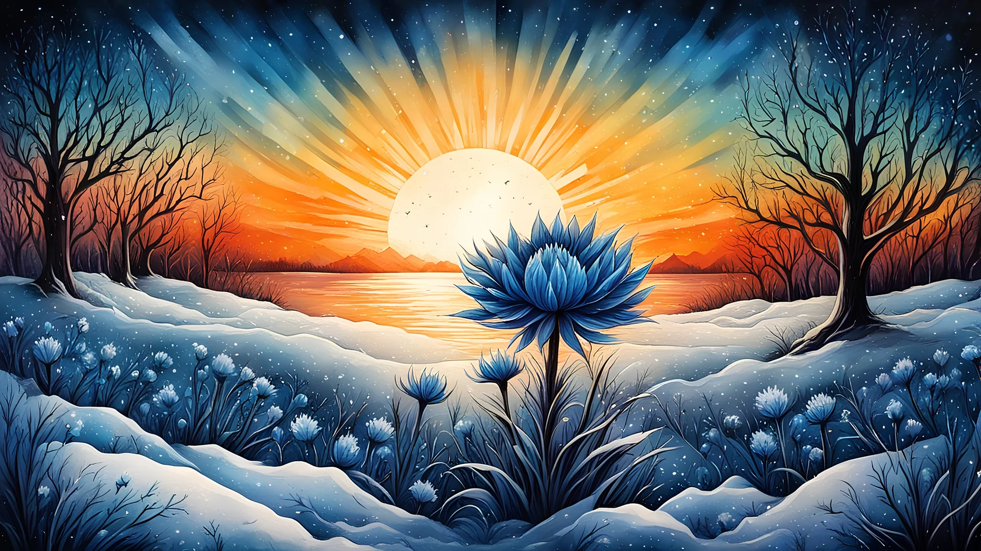 winter best quality, ink painting, acrylic, cute ice cornflowers, sunrise, by Craola, Dan Mumford, Andy Kehoe, 2d, flat, adorable, vintage, art on a cracked paper, fairytale, storybook detailed illustration, cinematic, ultra highly detailed, tiny details, beautiful details, mystical, luminism, vibrant colors, complex background, centered, symmetry, painted, intricate, volumetric lighting, beautiful, rich deep colors masterpiece, sharp focus, ultra detailed