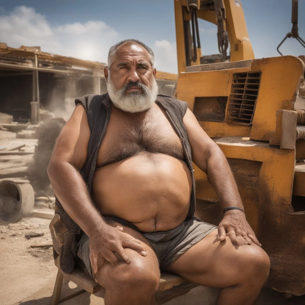 photography of a arab ugly burly serious wet sweaty, chubby strong fat carpenter, shirtless, in broken dirty short pants, bulge, manly chest, very hairy, big goatee 50 years old, short hair, sitting with open legs on a little chair , on a construction site in the middle of a road, under the August sun, emotional eyes, , hyper-realistic, photorealistic , frontal view from the ground