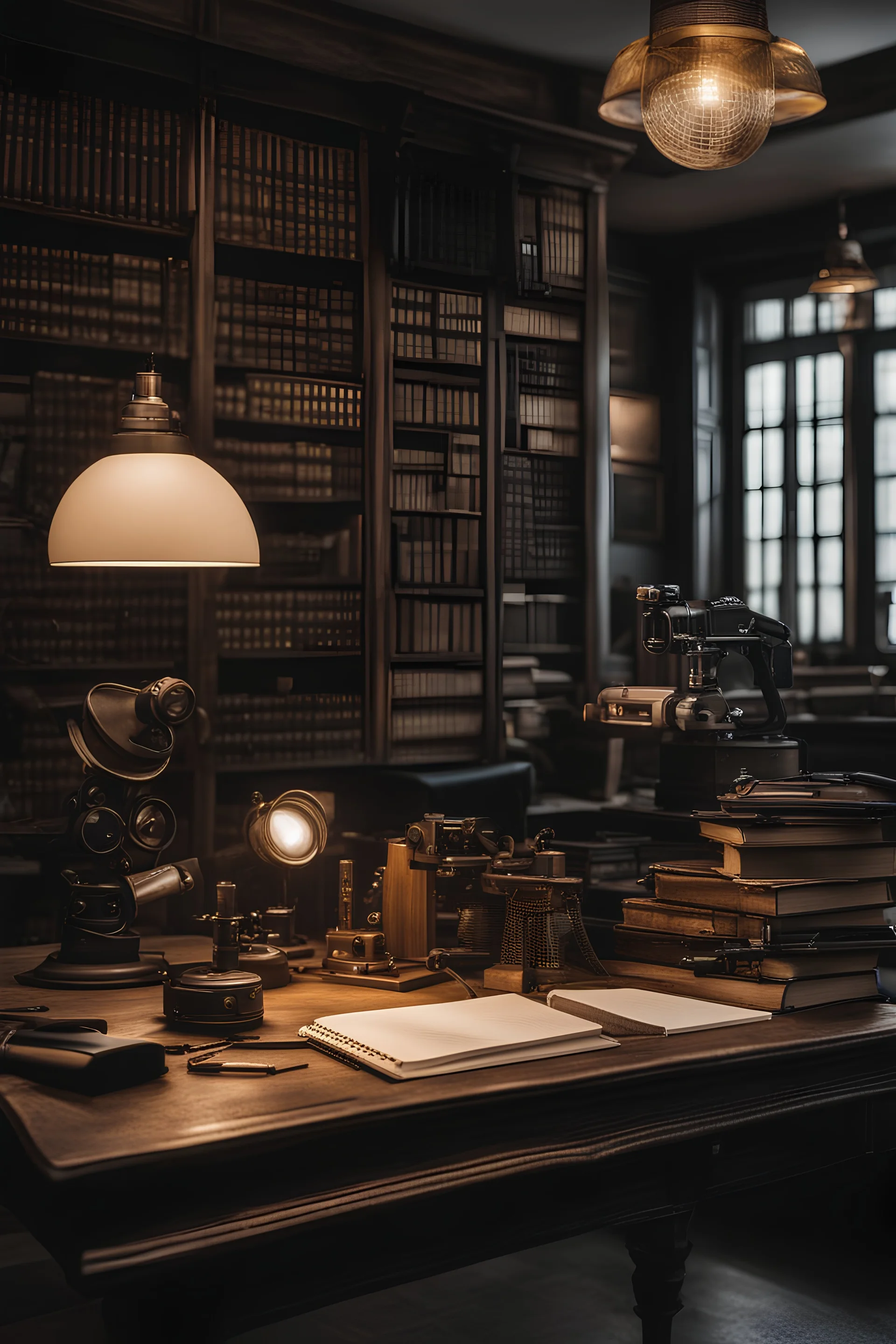 “Building Creative Businesses in the Age of AI". realistic photo. Dark academia. British. Cover for book. We see creative tools and creative people, evolution. We see ancient tools like astrolabe, and computers and photography and camera in a large open space like a library. Lot's of moder instruments and tool for creative industry. Close up of the desk, the creator left for a second and left his coffee cap and draft on the table