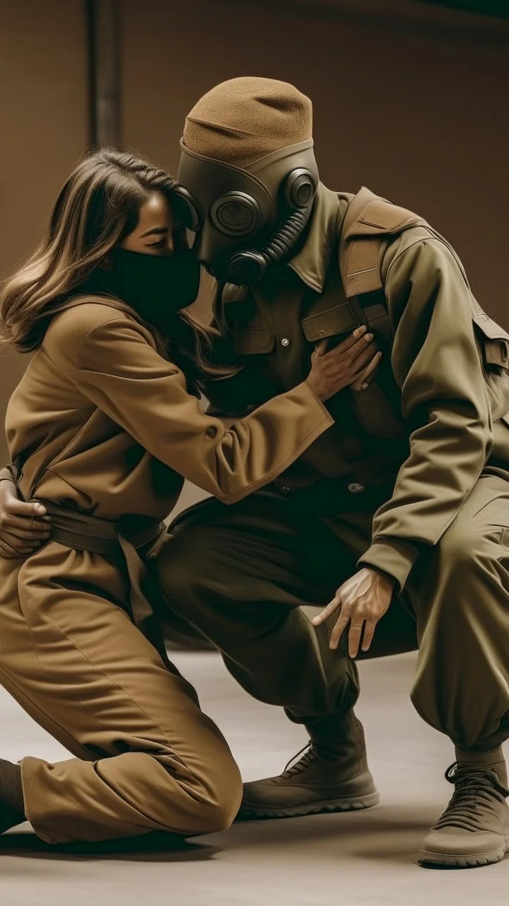 A man wearing khaki soldier's clothes with a black face mask , Holding a woman from her hair down to the ground .brutal non human act