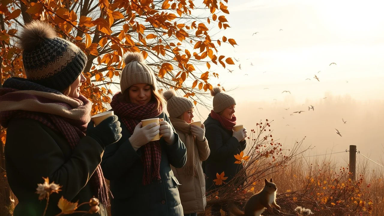 Autumn: falling leaves, Misty mornings, fog over distant fields or forests, sunshine; people wearing scarves, woolly hats, gloves, holding steaming mugs of hot drinks; chestnuts, acorns, berries, rowan, holly; flocks of birds migrating; squirrels gathering nuts; beautiful colours, atmospheric. Award winning photograph.