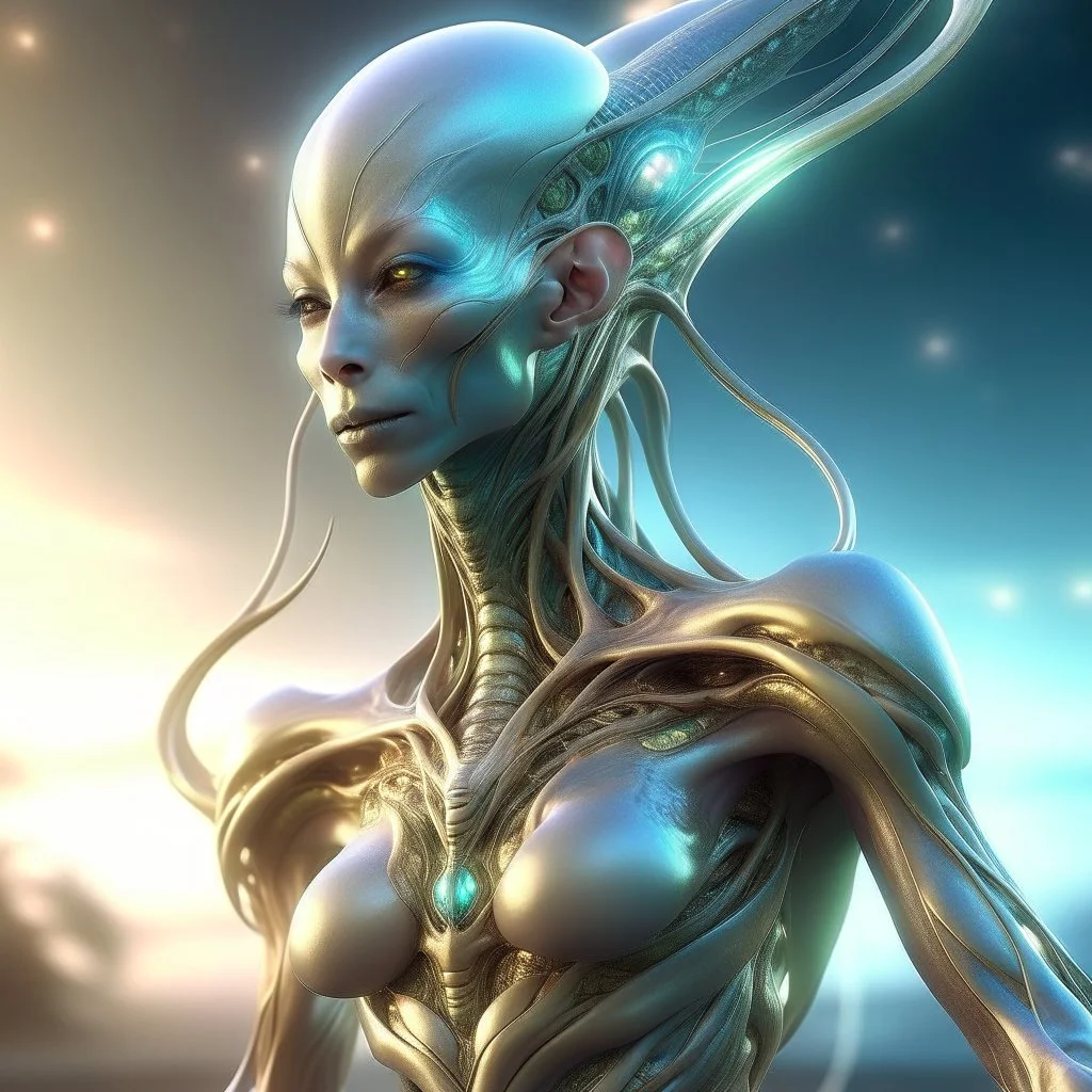 gorgeous female humanoid alien, slender muscular warrior, looking over shoulder at the sky, tentacles, coper zinc orichalcum jewelry and piercings, beautiful face, mesmerizing starry eyes, smooth translucent skin, hourglass, size DD.