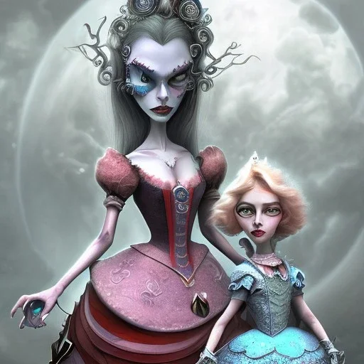 extrem tim burton style of the evil stepsisters, sharp focus, photorealistic eyes