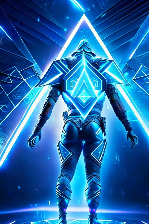 neon blue, floating triangle of light orbiting behind the back, cyber armor, geometric patterns on armor, male, orbiting triangle