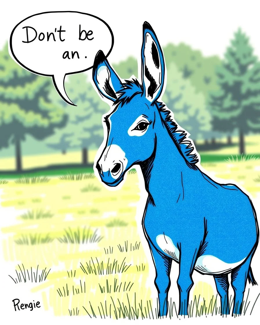 Sketch style, ink, modern aesthetic, elegant and abstract image of a blue, anthropomorphic donkey, with big ears, with a speech bubble that says "Don't be an ass!". The donkey is standing in a lush green field with some trees.