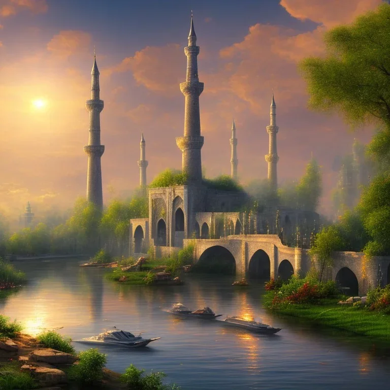 landscape, river, sun, mosque, no gold color, clouds, far view.