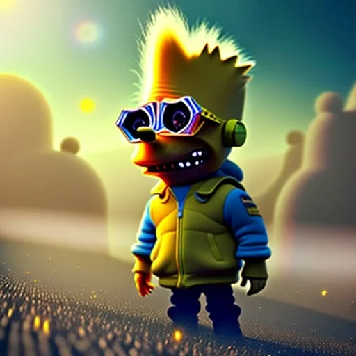 Bart Simpson toddler, steampunk headphone, sunglass, gangsta neckless, full body, yellow puffer jacket, tokio background, dramatic lighting, hyper realistic, unreal engine 5, 16k