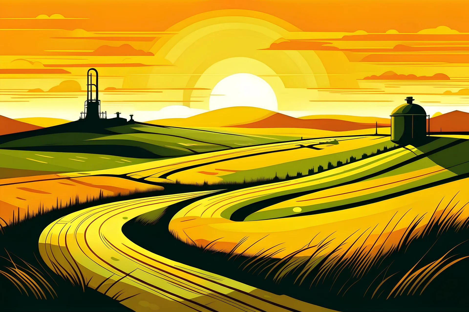 vector illustrated, prairie landscape, winding road, oil tanks in background, sunset