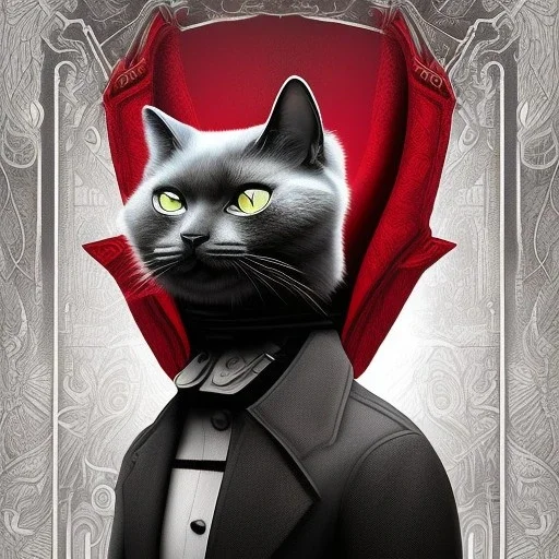 The artwork depicts a mysterious man wearing a red coat and a black cat mask. He is portrayed as a superhero with an anthropomorphic cat head and is wearing a trenchcoat. The character is reminiscent of other feline characters such as Blacksad, Catman, and Cat the Assassin, and exudes a shadowy and eerie aura. The cat in the image is walking, further emphasizing the feline aspect of the character. The artwork is inspired by the works of Maciej Kuciara, Maxim Verehin, and Sergey Zabelin. The aspe